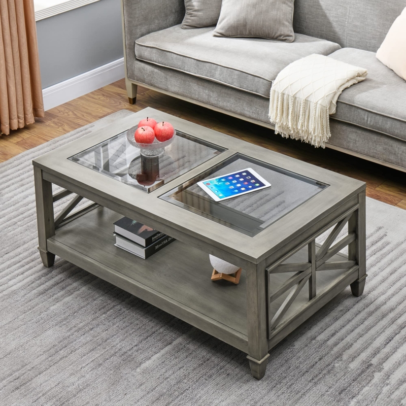 Rustic Grey Wash Coffee Table with Glass Insert Top and X-Brace Sides