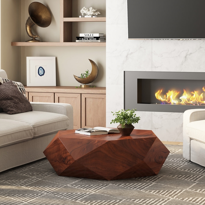 Rustic Hexagon Wood Coffee Table, Faceted Solid Base and Natural Grain