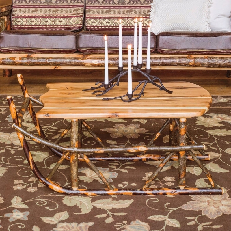 Rustic Hickory Log Coffee Table with Sleigh Base Frame