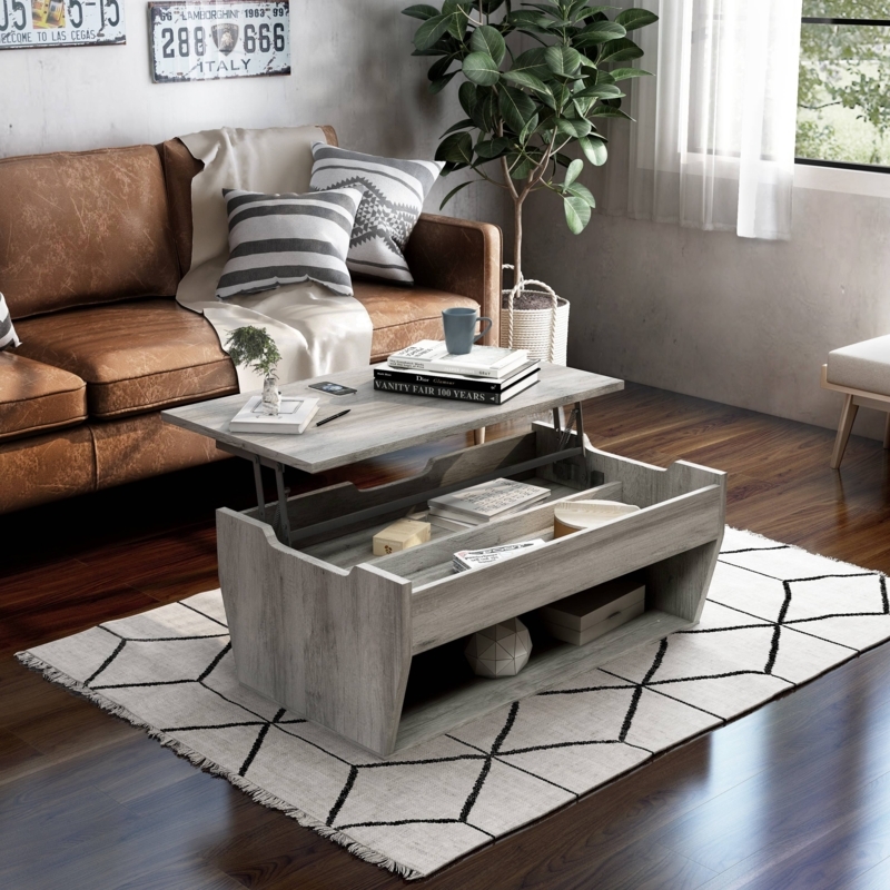 Rustic Lift Top Coffee Table Distressed Gray Storage Cubbies