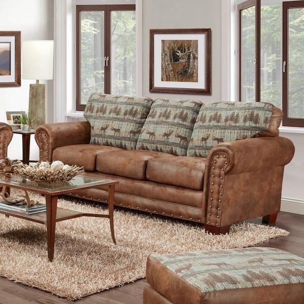 Rustic Lodge Sofa, Wildlife Pattern Fabric, Brown Leather-Like Trim