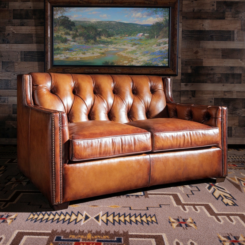Rustic Loveseat with Burnished Leather and Square Track Arms