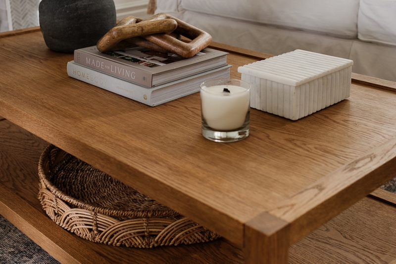 Rustic Modern Coffee Table, Square Legs and Slatted Shelf, Medium Brown Tone
