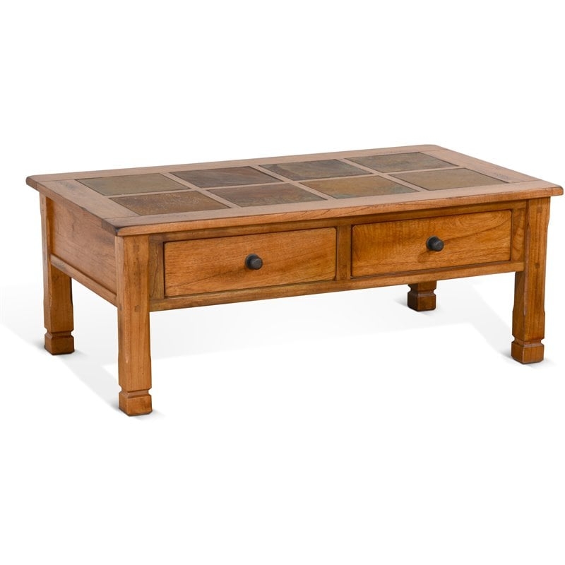 Rustic Oak Coffee Table with Slate Tile Inlay Top