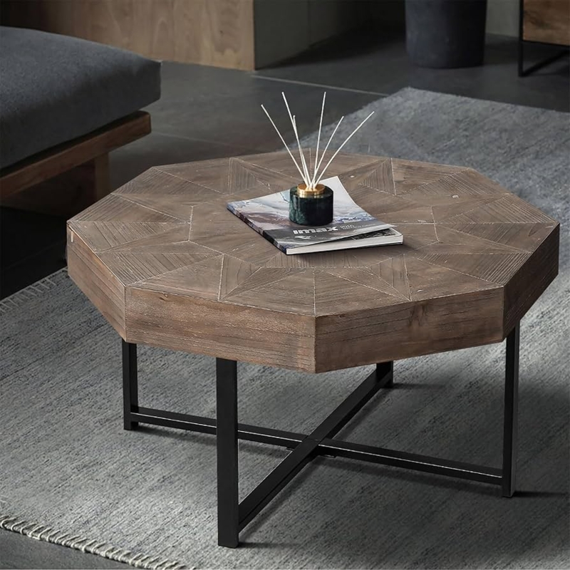 Rustic Octagonal Coffee Table with Geometric Wood Patchwork Top