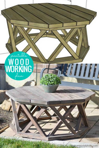 Rustic Outdoor Octagonal Coffee Table with Planked Wood Top Design