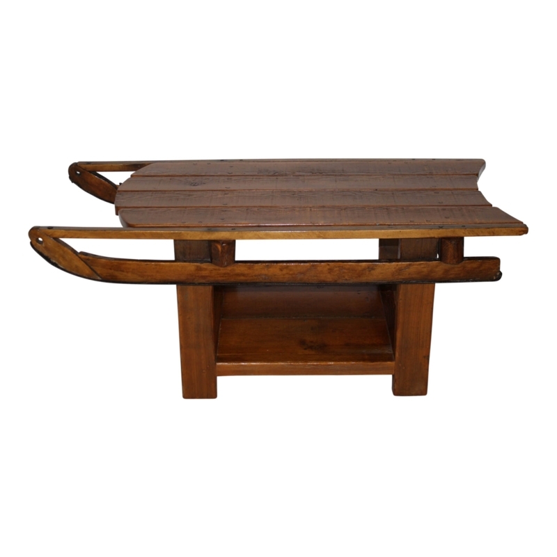 Rustic Sled Coffee Table featuring Reclaimed Look Slatted Shelf