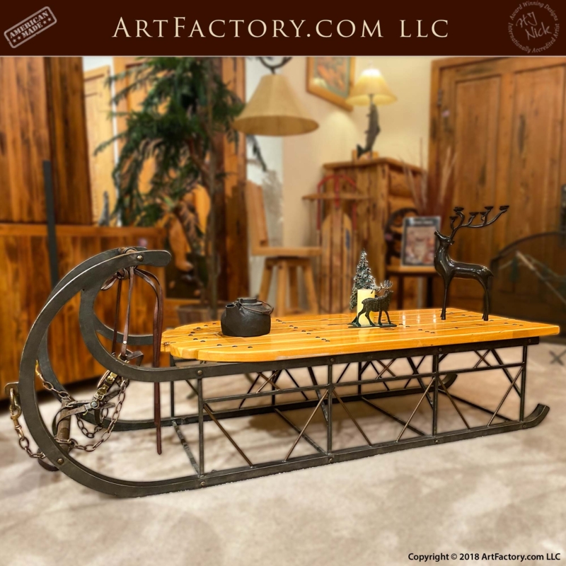 Rustic Sleigh Coffee Table Design with Wrought Iron Runners