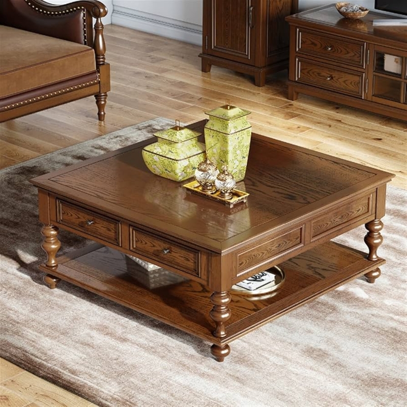 Rustic Square Coffee Table with Dual Drawers and Open Cubby Storage