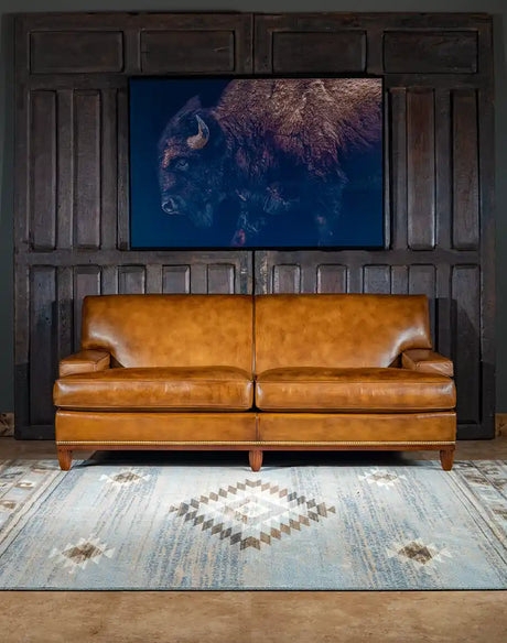 Rustic Western Sofa with Distressed Leather-Like Finish and Nailhead Trim