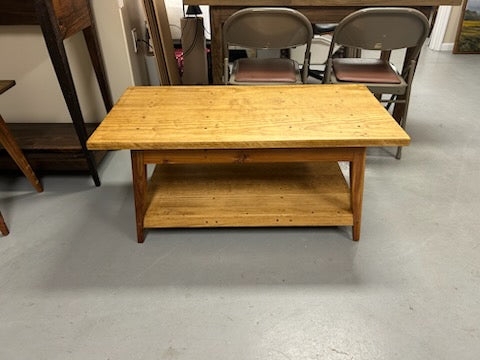 Rustic Wood Coffee Table with Lower Shelf and Thick Square Legs