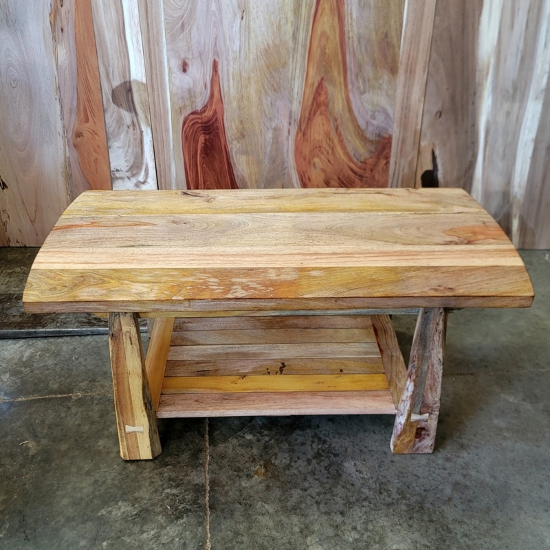 Rustic Wood Coffee Table with Shelf Thick Plank Construction