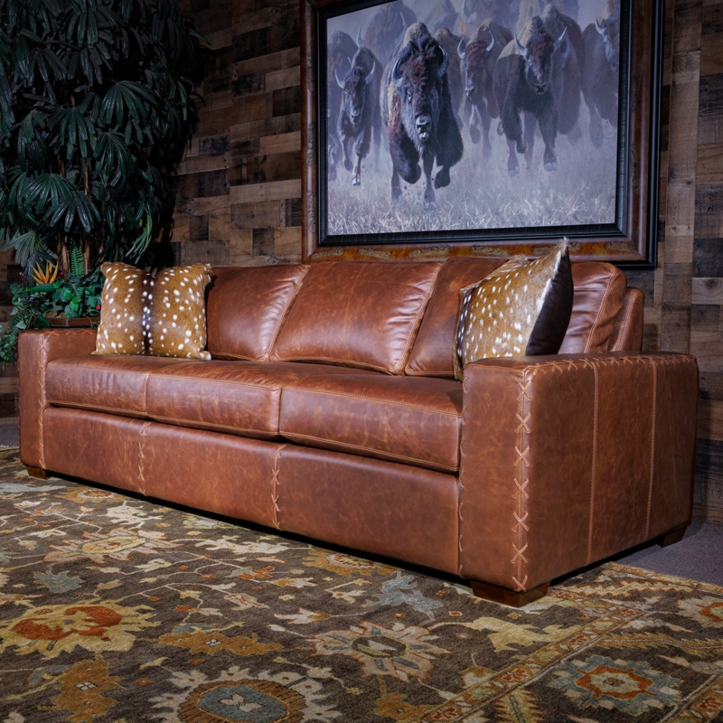 Saddle Brown Leather Sofa with Unique Whipstitch Detail