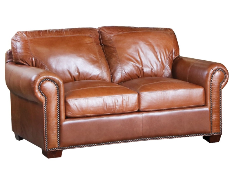 Saddle Brown Loveseat with Boxed Cushions and Rolled Arms