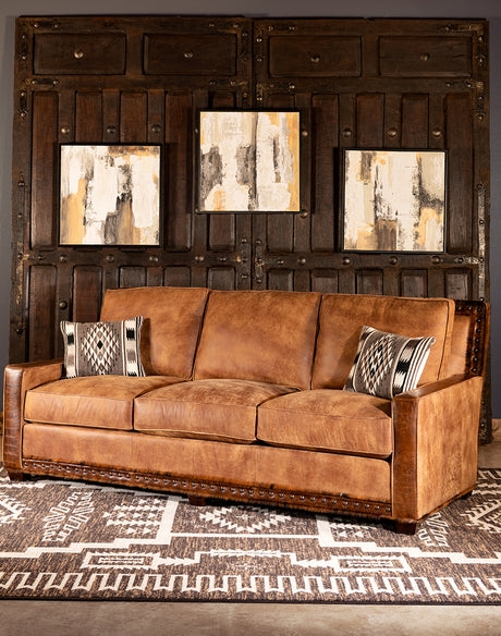 Saddle Brown Rolled Arm Sofa with Brass Nailhead Trim Details