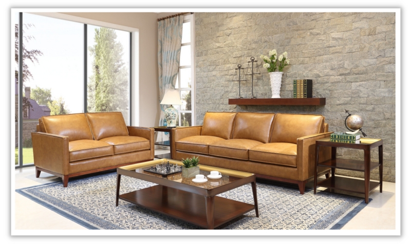 Saddle Brown Sofa Mid-Century Leather Tapered Legs Track Arms
