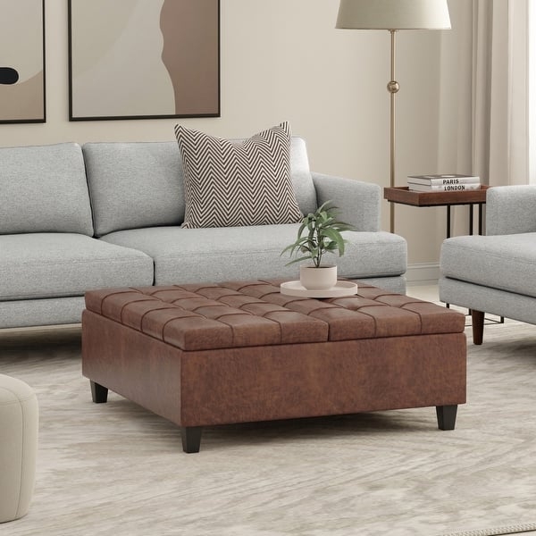 Saddle Brown Square Storage Ottoman, Tufted Top