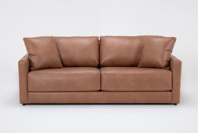 Saddle Brown Vegan Leather Sofa Track Arms Block Feet Contemporary