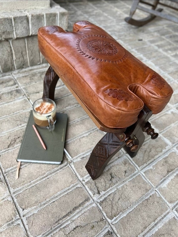Saddle Stool Carved Wood Base Caramel Leather Boho Accent Seating