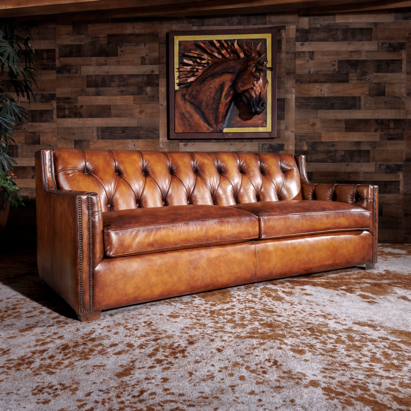 Saddle Tan Chesterfield Sofa, Button Tufting, Antique Nailhead Trim