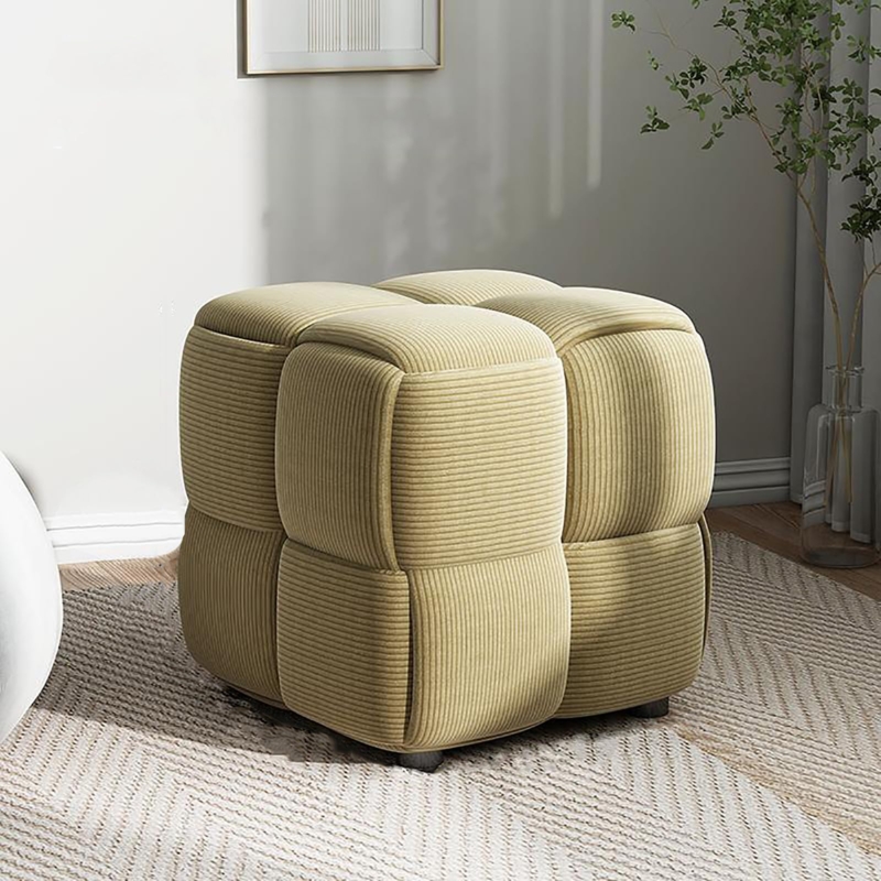 Sage Green Cube Pouf with Wide Wale Corduroy and Checkerboard Weave