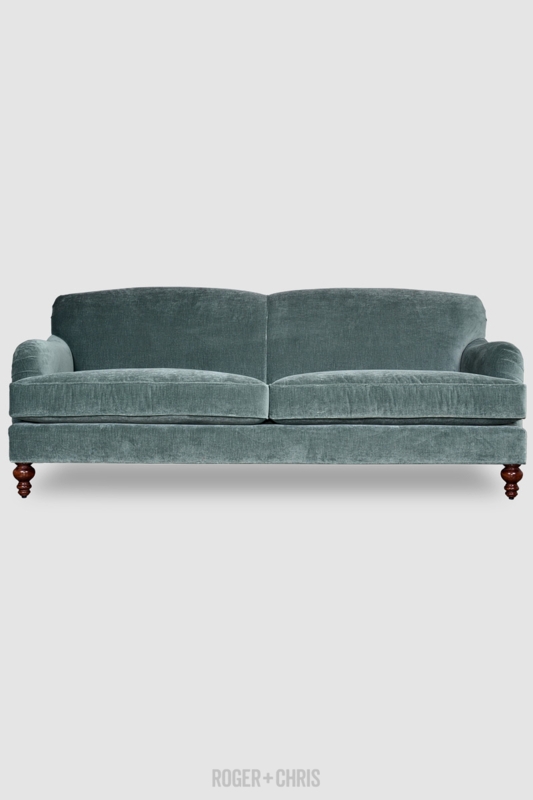 Sage Green Velvet Sofa English Roll Arm Tight Back Casters