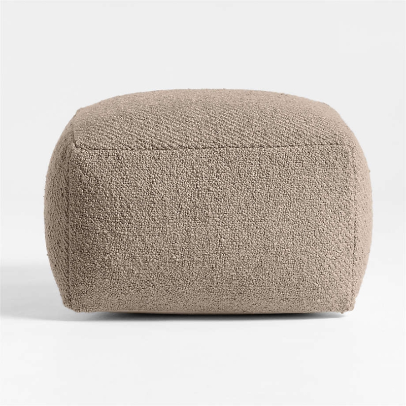 Sand Beige Pouf Ottoman with Basketweave Texture and Boxy Silhouette