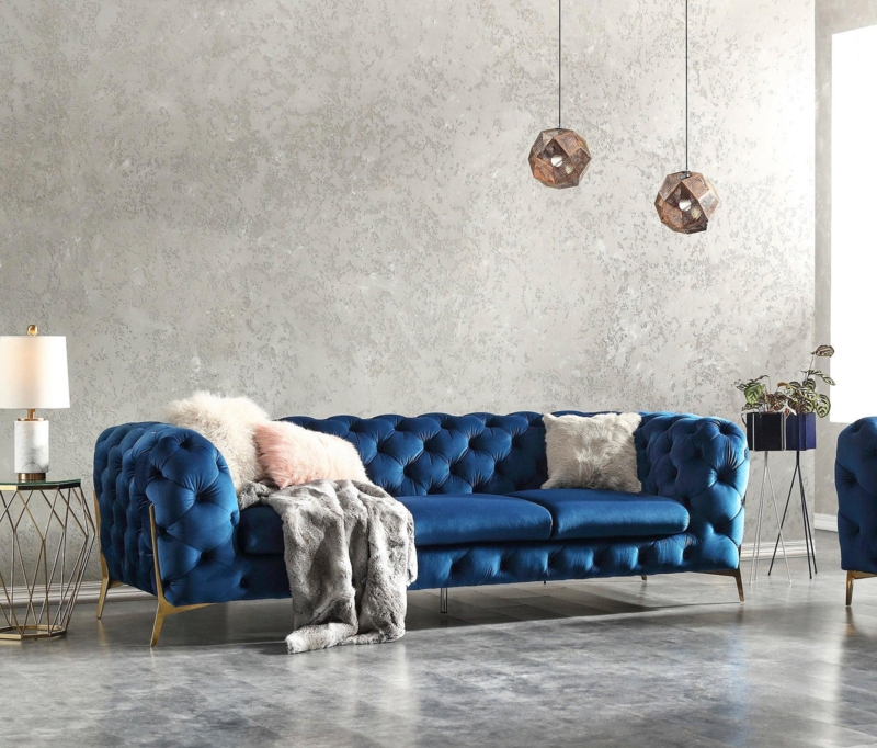 Sapphire Blue Sofa with Glam Vertical Channel Tufting