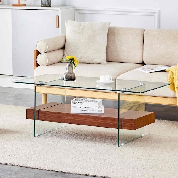 Scandinavian Coffee Table with Glass Top and Light Wood Shelf