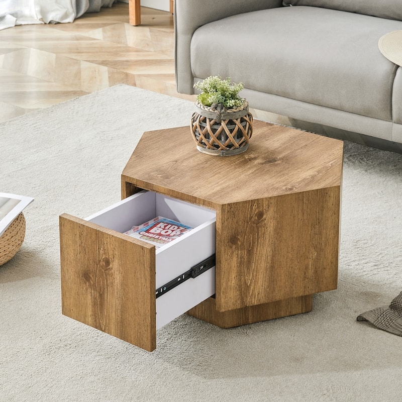 Scandinavian Hexagonal Coffee Table, Natural Wood with Drawer & Open Shelf