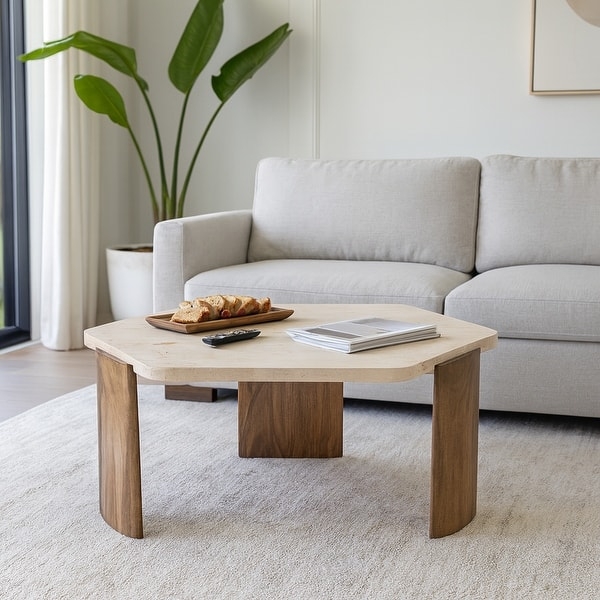 Sculptural Hexagonal Coffee Table, Travertine Top with Curved Wood Legs