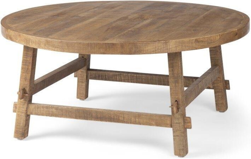Sculptural Wood Pedestal Coffee Table. Round Top, Vertical Slat Base.
