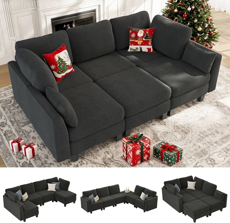 Sectional Sleeper Sofa: Dark Grey Modular, Deep Tufted Stitching