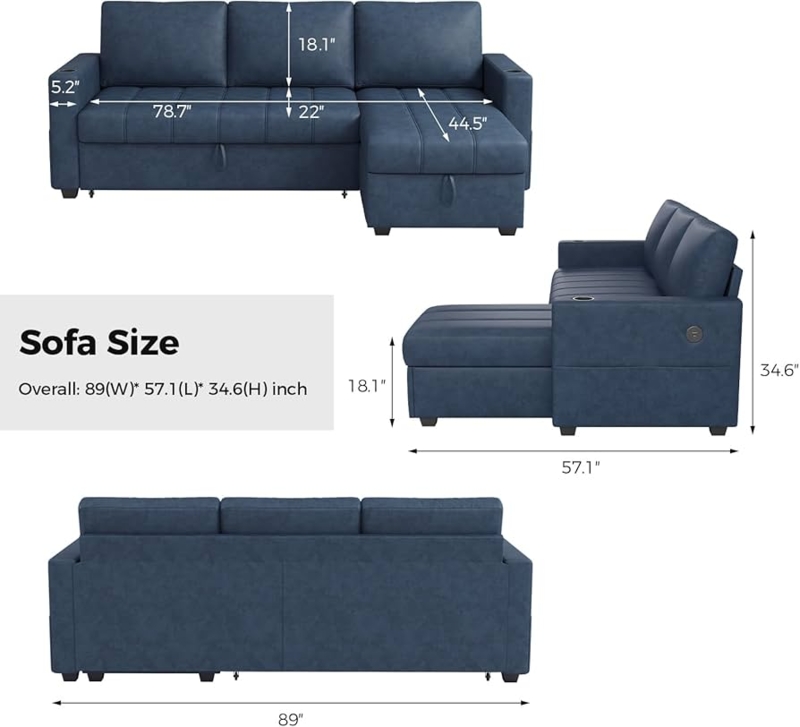 Sectional Sleeper Sofa L-Shaped Black Faux Leather Storage Chaise