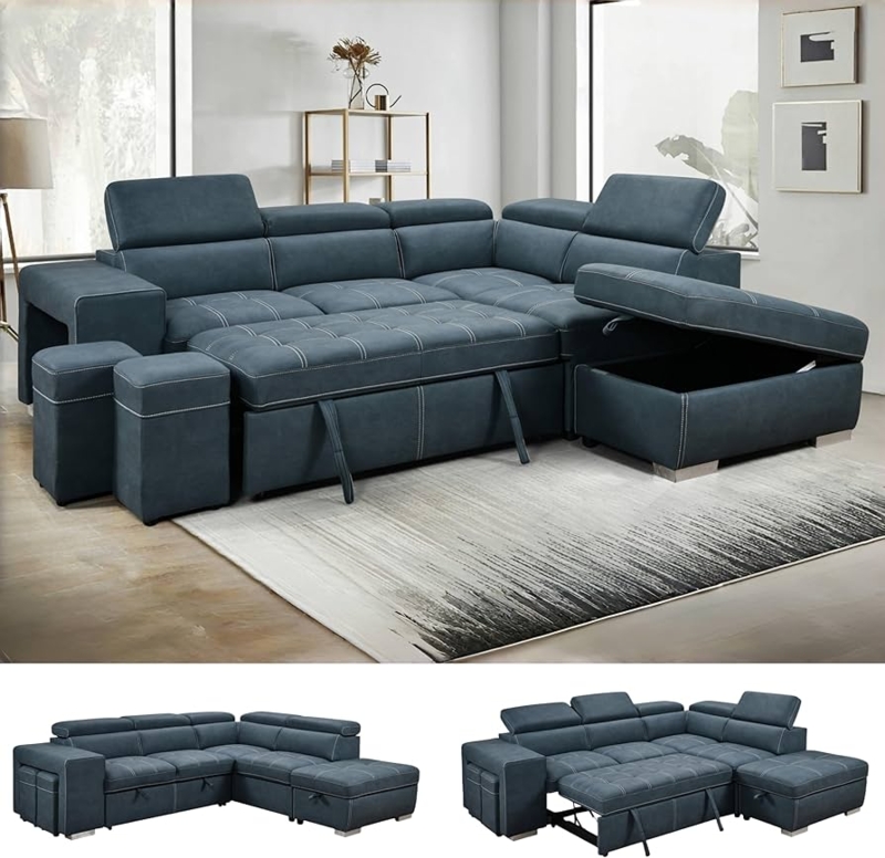 Sectional Sleeper Sofa Navy Blue Microfiber Adjustable Headrest Storage