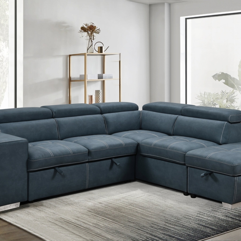 Sectional Sleeper Sofa Pull-Out Adjustable Headrests Charcoal Grey Fabric