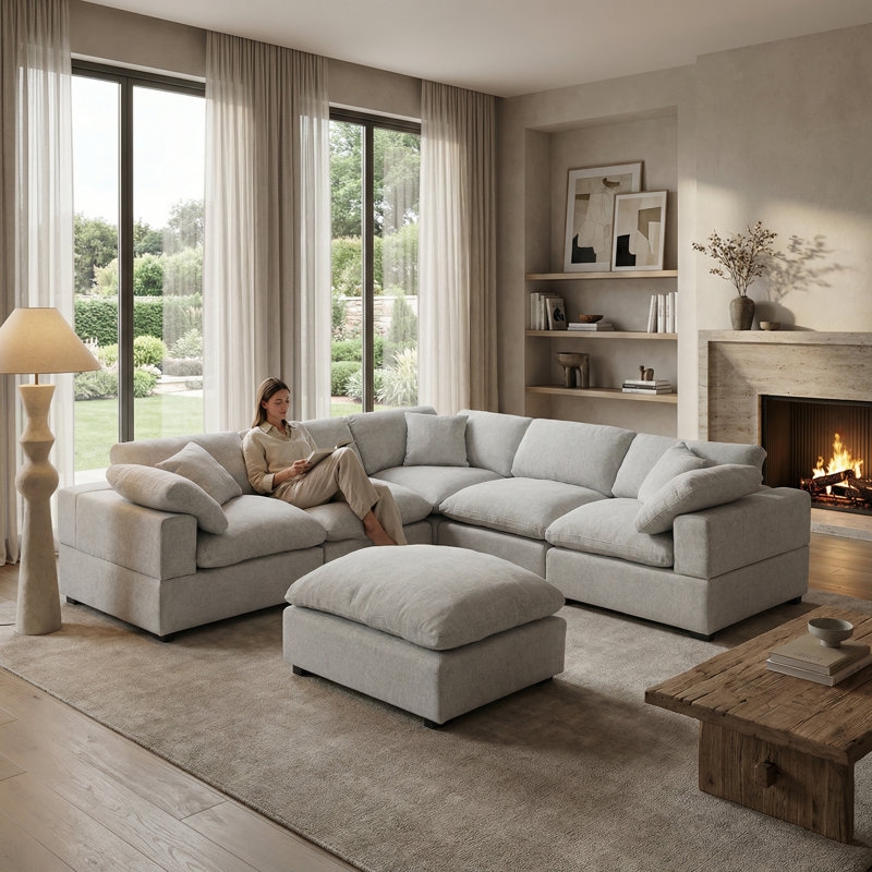 Sectional Sofa 6 Piece Set Textured Chenille Modular Low Profile