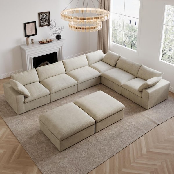 Sectional Sofa 8-Piece Modular Brown Linen-Like Layout