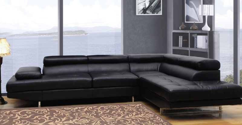 Sectional Sofa Adjustable Headrests Black Leather-Like L-Shaped Modern