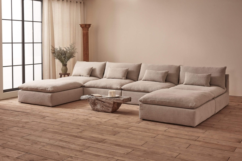 Sectional Sofa Amber Cotton Velvet Slipcovered Feather Down Cushions