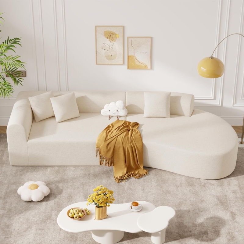 Sectional Sofa Beige Chenille Curved Silhouette Deep Seat Organic Layout
