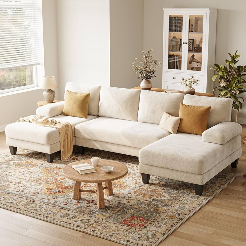 Sectional Sofa Beige Chenille Double Chaise Plush Cushions U-Shaped