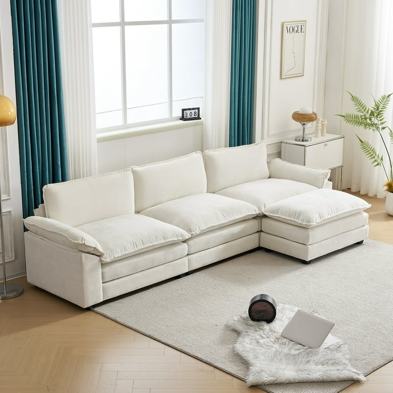 Sectional Sofa Beige Chenille Double Layer Cushions L-Shaped Couch