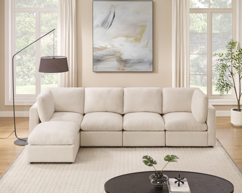 Sectional Sofa Beige Chenille Fabric Modular U Shape Low Profile Plush