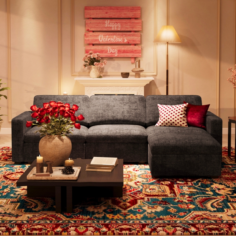 Sectional Sofa, Beige Chenille Heavy Weave, U-Shaped Modular Layout