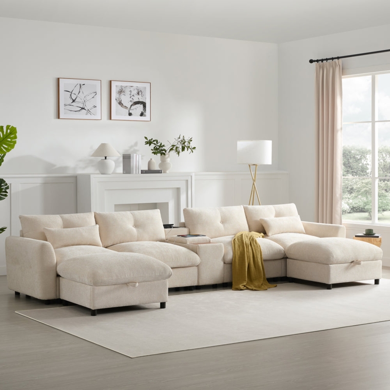 Sectional Sofa Beige Chenille Modular U-Shaped Console Two Ottomans