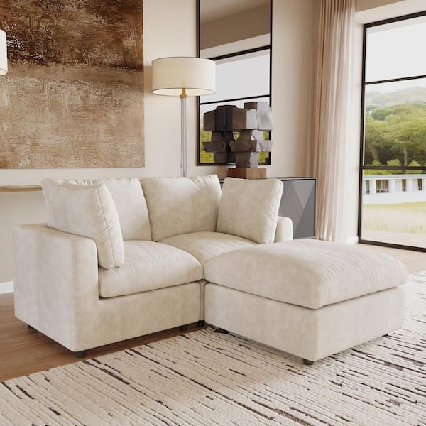 Sectional Sofa Beige Chenille Oversized Square Arms Chaise