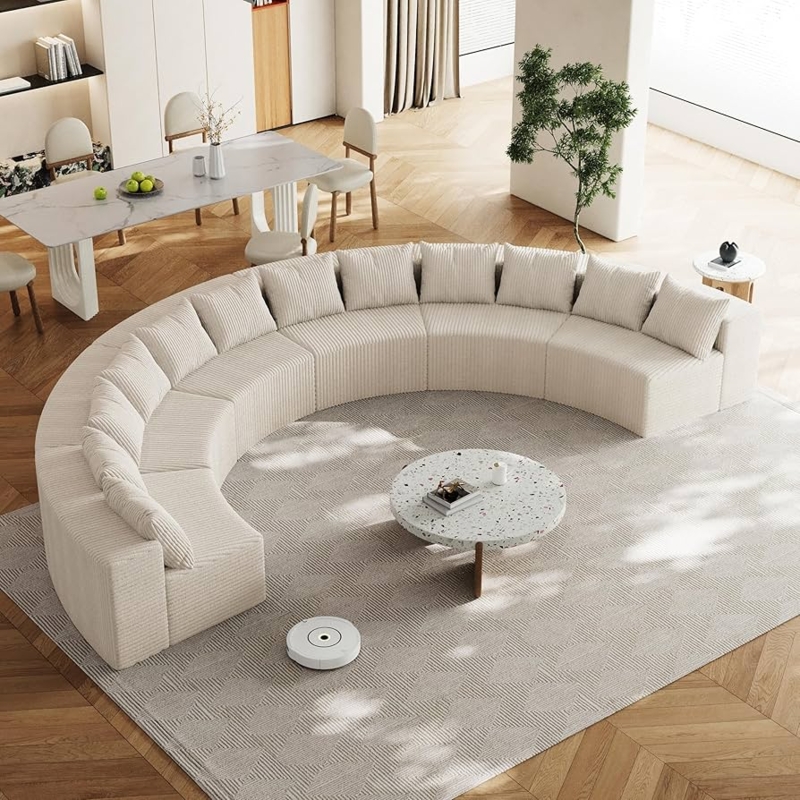 Sectional Sofa Beige Corduroy Curved Semi Circular Shape