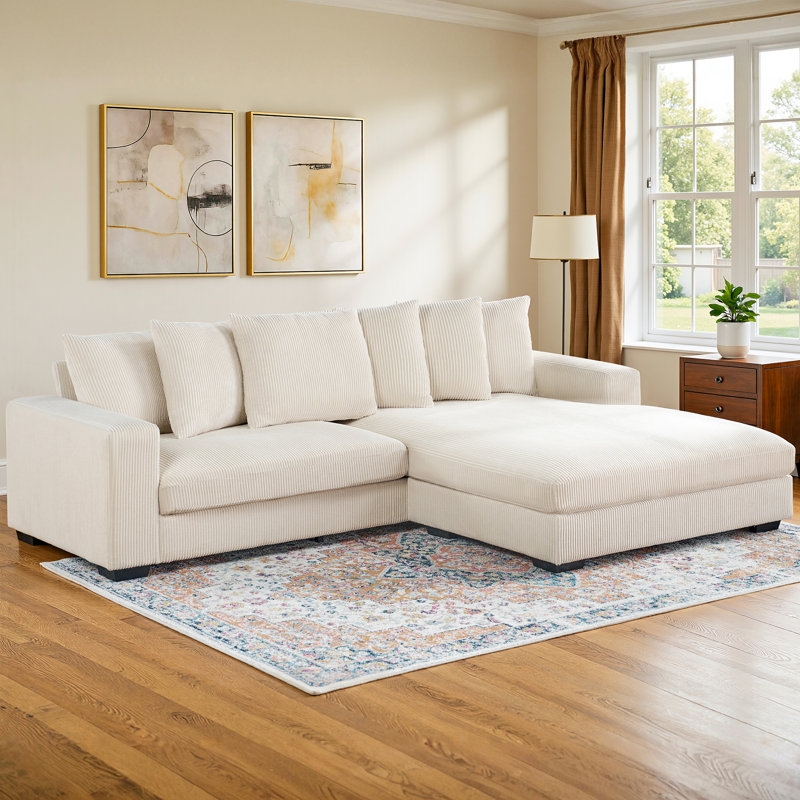 Sectional Sofa Beige Corduroy Deep Seat Cloud Couch Style
