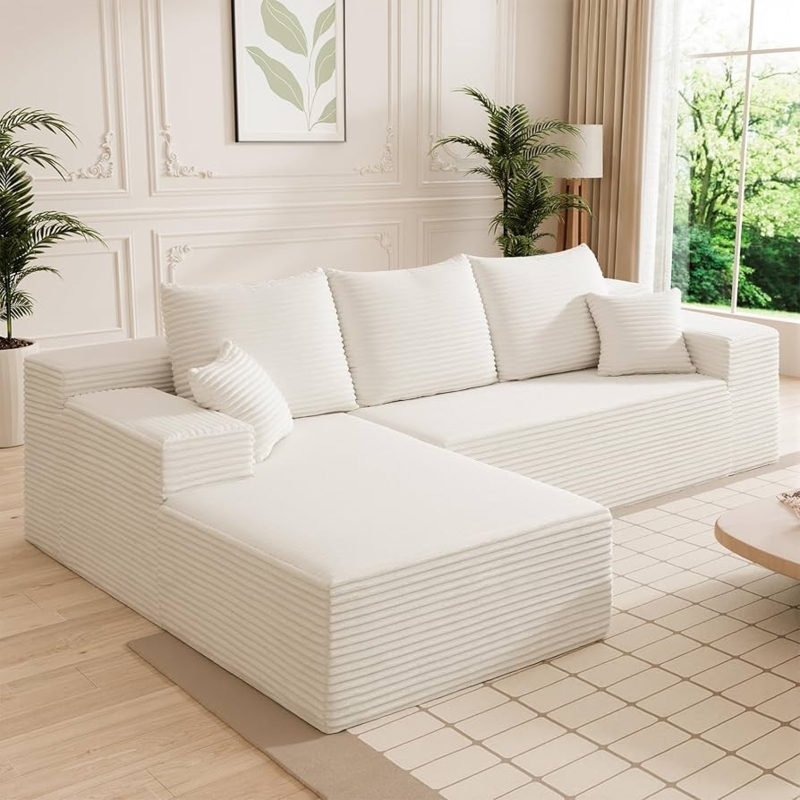 Sectional Sofa: Beige Corduroy L-Shaped, Deep Cushions, Block Frame